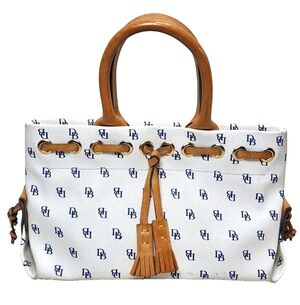DOONEY & BOURKE Signature Print Leather Tassel Satchel White Navy Blue